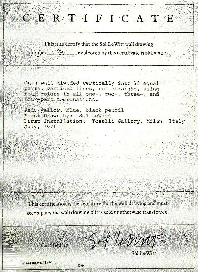 A certificate of a Sol LeWitt wall drawing featuring the instructions.