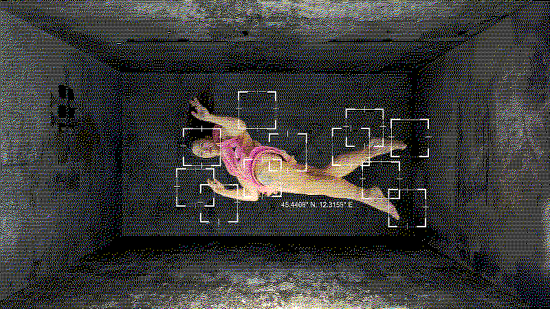A floating figure in a gray room with white data boxes overlayed on her body.