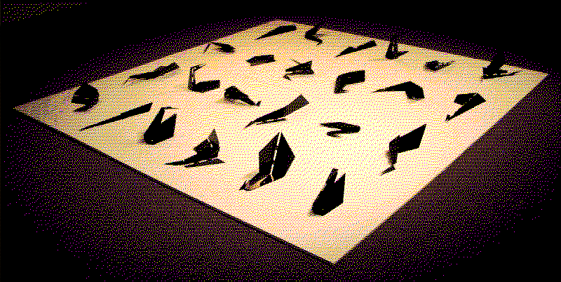 24 black planar sculptures on a white board.